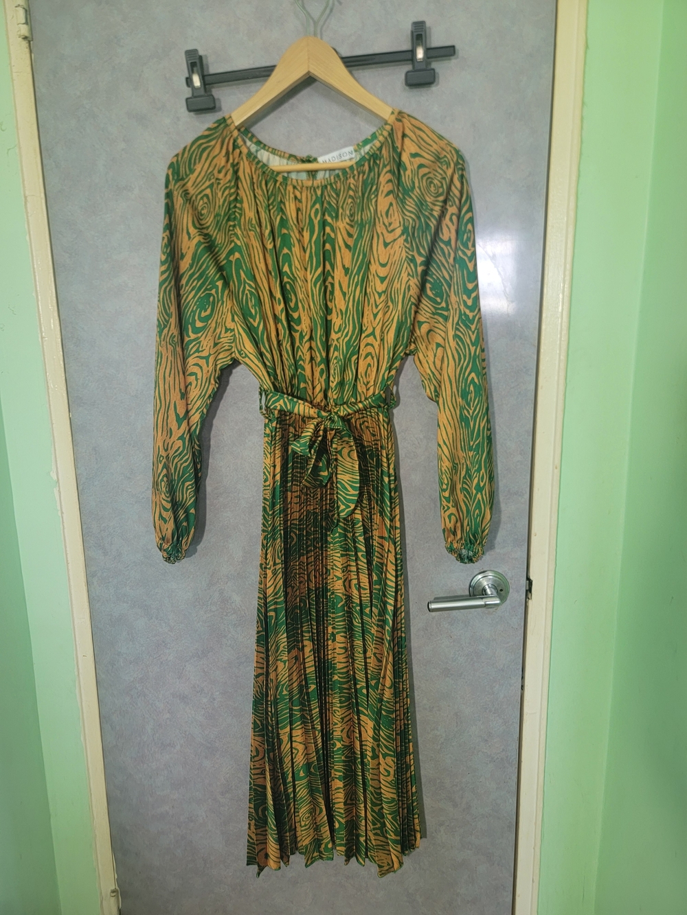 Madison Italy Green & Tan Printed Long Sleeve Midi Dress with Tie Waist